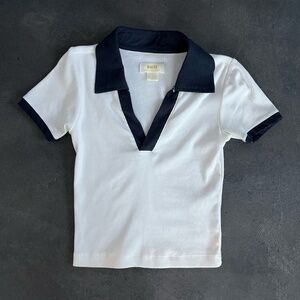 Maeve Collared White and Navy Cropped Shirt
